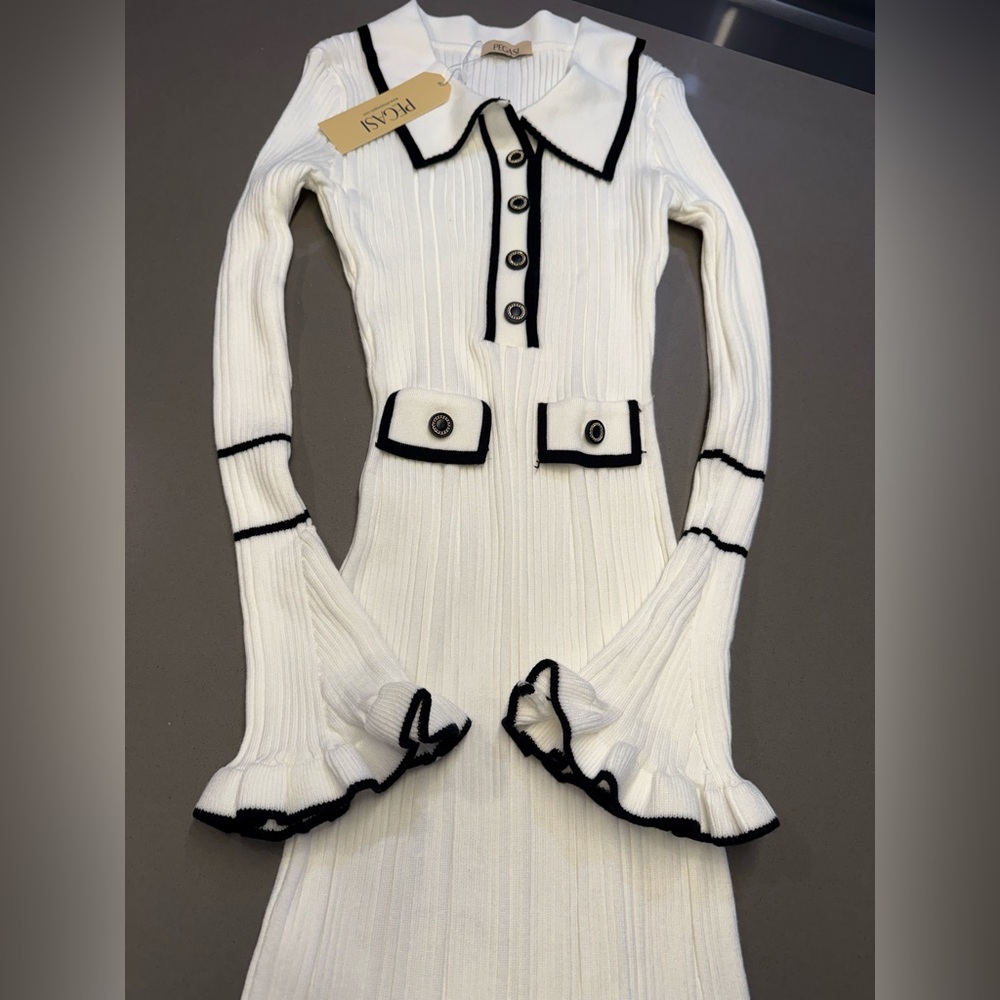 Women’s White Ribbed Knit Midi Dress with Contrast Trim - Picture 12 of 14